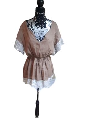 Designer Brown V-Neck Tunic Linen Top with Silver Sequin Trim - Women